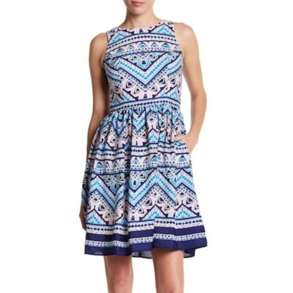 New Eliza J Patterned Fit & Flare‎ Dress Aztec - Picture 1 of 2